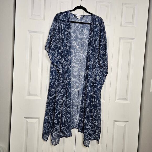 Women's LC Lauren Conrad Long Floral Print Ruana One Size Blue White - Picture 1 of 5